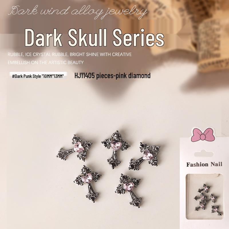 Dark Skull Retro Chrome Heart Scarlet Cross Nail Rhinestone Embellishments - 5 Pcs