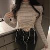 Autumn and Winter White Sexy Long Sleeve Lace Bottom Shirt Women's Short Half High Collar Versatile Top