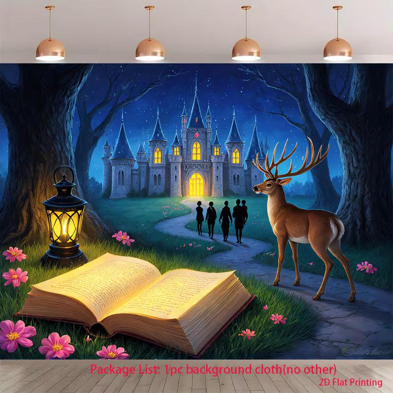 

2D Wizarding World Castle Backdrop 2D Magic Book Deer Lantern Photo Background for Themed Shoot 47.2x31.5inch/120*80cm