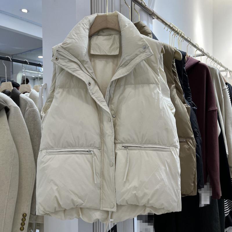 

Женский пуховый хлопковый жилет большого размера в студенческом стиле: Осень/Зима Свободный крой Воротник-стойка Верхняя одежда M грязно-белый