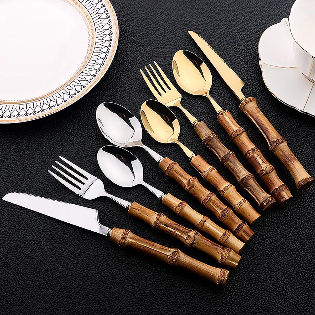 16 Pezzi Posate con Manico in Bambù Naturale Set di Stoviglie in Acciaio Inossidabile Coltello Forchetta Cucchiaio Set di Stoviglie Completamente in Bambù Naturale
