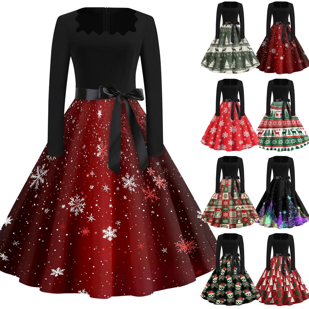 Women's Casual Christmas Print Square Neck Vintage Dress for Holiday Party and Everyday Wear