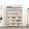 7patrový pojízdný regál na úložné boxy, 26 organizačních boxů, Regál na boxy, Ocelový drátěný úložný systém s kolečky, Mobilní organizér na nářadí do garáže,