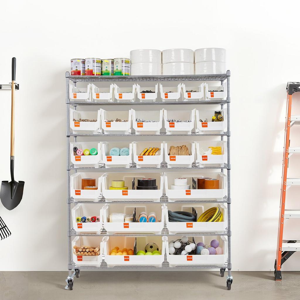 7patrový pojízdný regál na úložné boxy, 26 organizačních boxů, Regál na boxy, Ocelový drátěný úložný systém s kolečky, Mobilní organizér na nářadí do garáže,