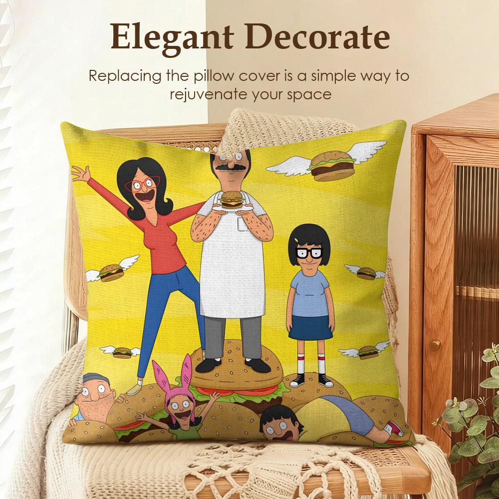 Anime B-Bobs B-Burgers Cushion Cover Natural Linen Organic Fabric Double-Sided Printing Sofa Home Decor Gift Pillow Case