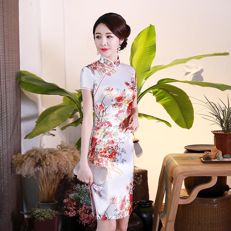 Women Dress Stand Collar Satin Cheongsam Dress For Daily Banquet Costumes
