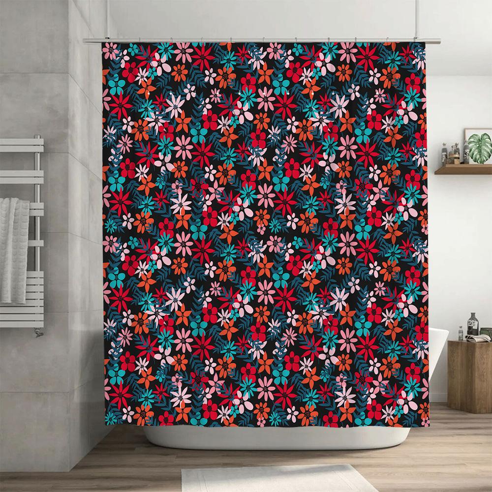 Lebhafter Blumendruck Duschvorhang Dekor Zuhause Bad Wasserdicht Stoff Dekoration Rosa Blau Rot Schwarz Weiß 60X72 Zoll (152Cm X 183