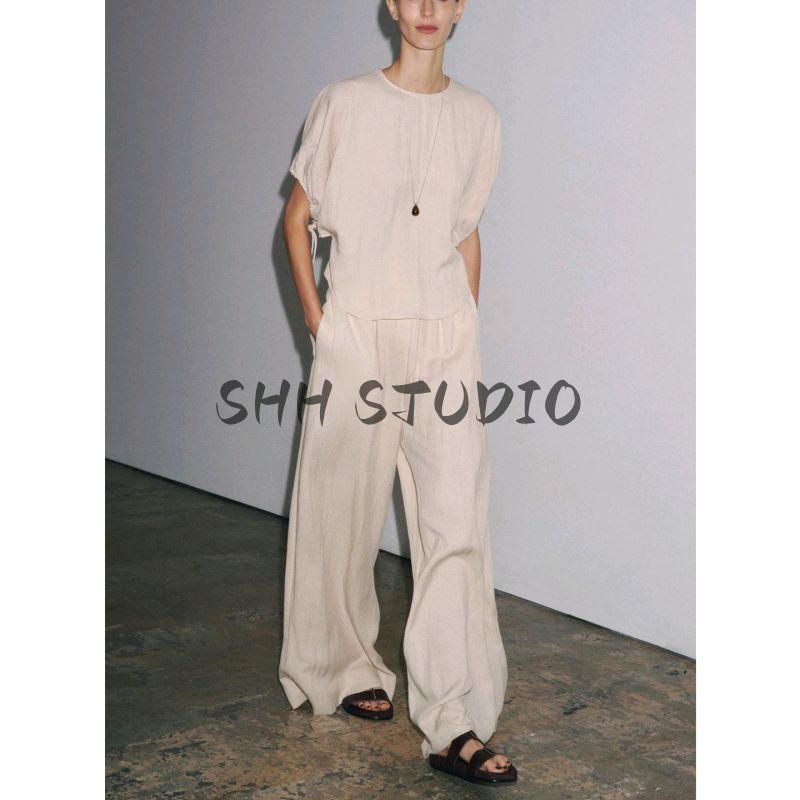 Curved Hem Puff Short Sleeve round Neck Shirt 8272447 Loose Pajamas Wind Waist Pants 8226447