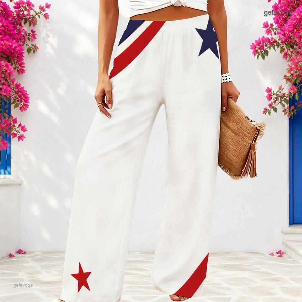Women Plus Size Loose Wide Leg Full Length White Star Striped Printed Pants