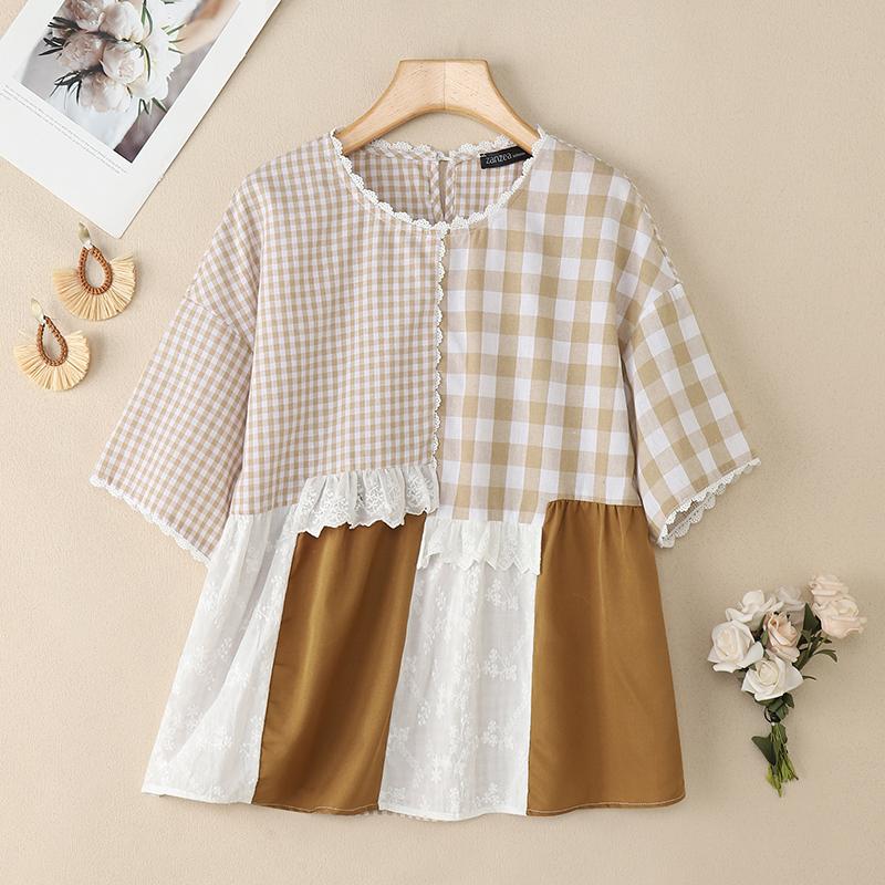 

ZANZEA Женская повседневная блузка с круглым вырезом, короткими рукавами и свободным клетчатым принтом 4XL