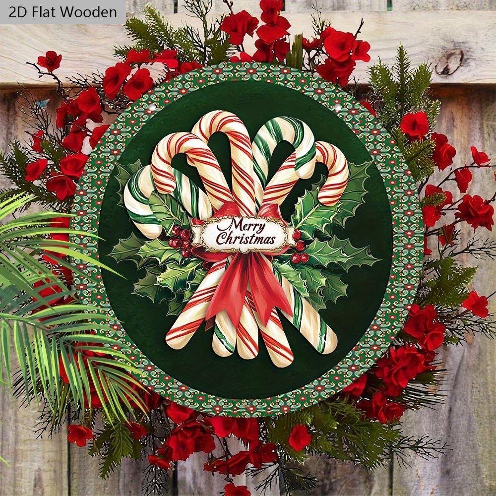 Classic Christmas Wooden Sign with Candy Canes Pattern - Navidad Round Sign for Front Door, Wall Hanging Decor - Ideal Christmas Gift
