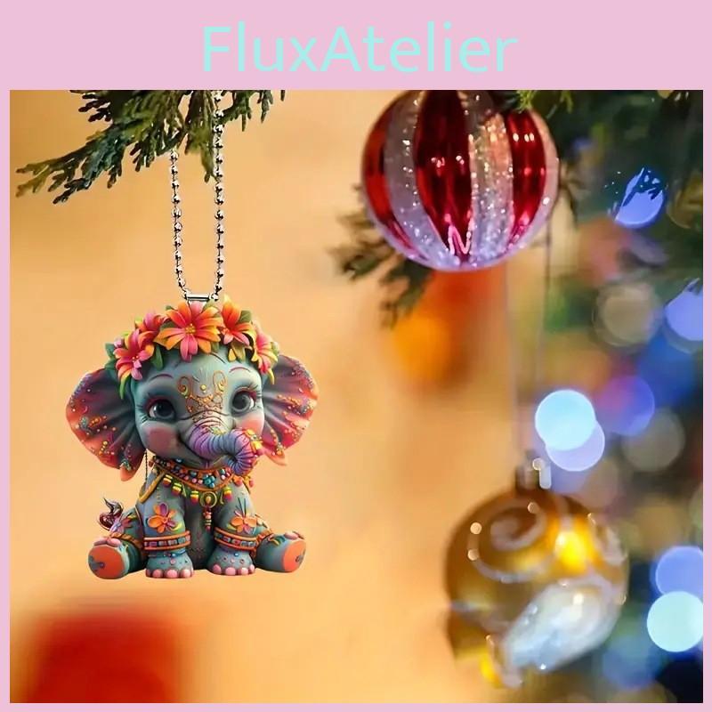 Flower Cute Cartoon Elephant Pattern Acrylic Pendant For Car Decor Accessories