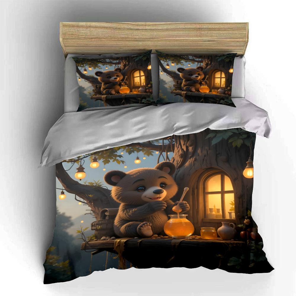 Bear-Themed Honey Cozy Set Soft Skin-Friendly Bedding Set Includes 1 Duvet Cover And 2 Pillowcase Gift