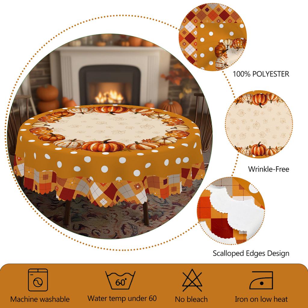 1 Piece Of Autum Polka Dot Pumpkin Plaid Tablecloth, Available In Various Sizes, Autum Courtyard Party Decoration Tablecloth, Thanksgiving Party Table