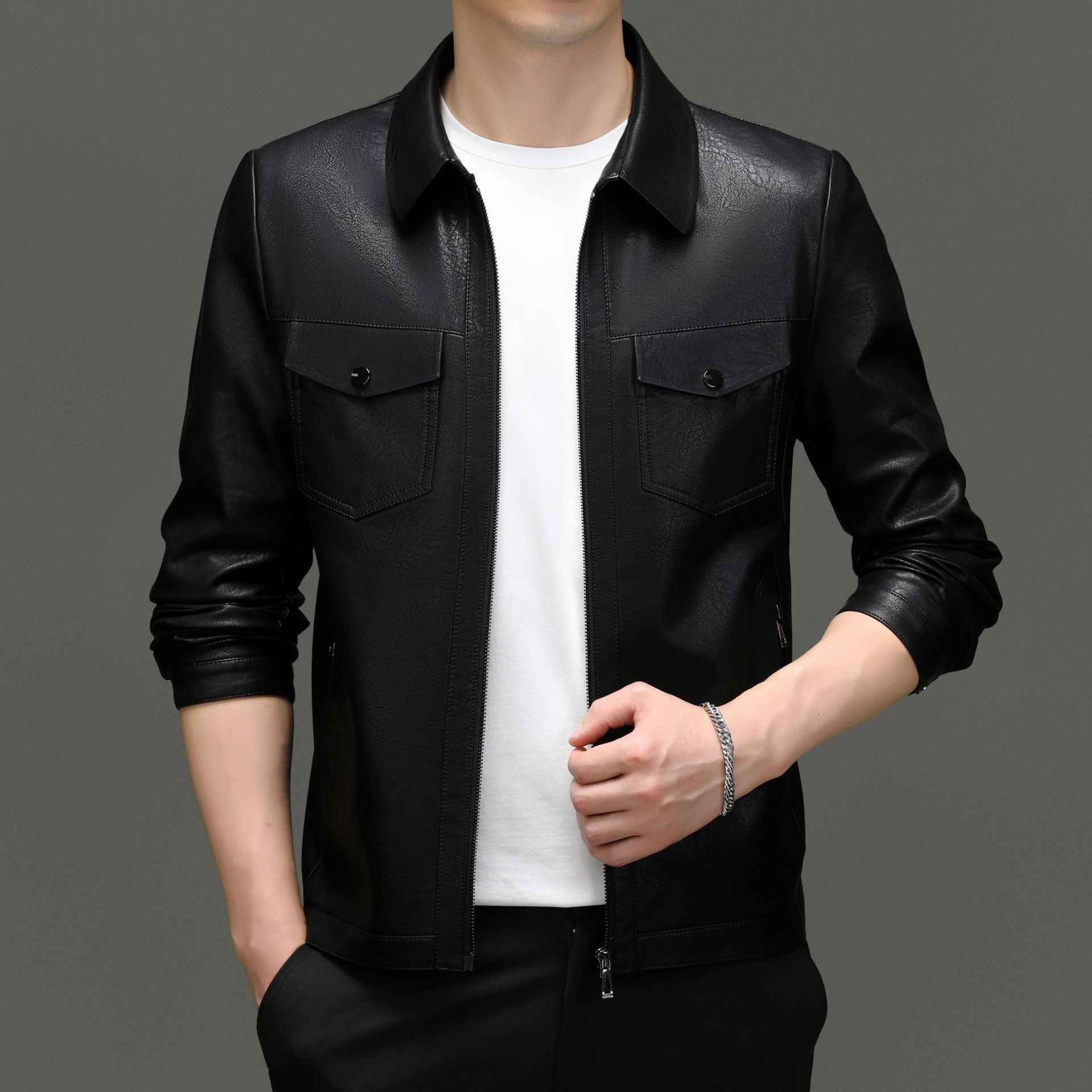 

Осенне-зимняя новая одежда из натуральной кожи, мужская приталенная куртка с короткими лацканами, мужская приталенная кожаная куртка среднего возраста, пальто из натуральной кожи XXL