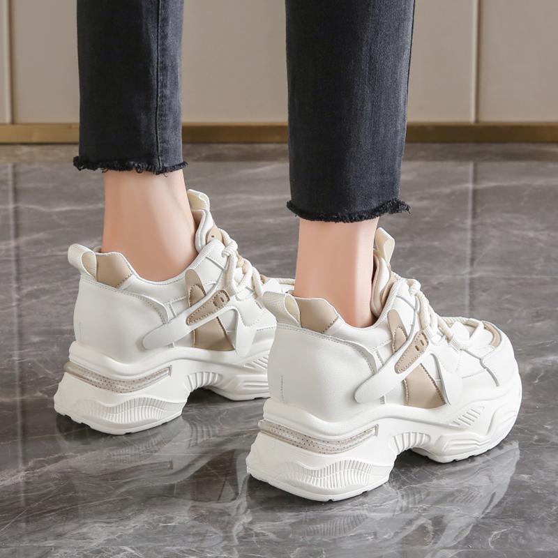 Modne Białe Grube Sneakersy Damskie 2025 Wiosna Antypoślizgowe Buty Sportowe na Platformie dla Kobiet Gruba Podeszwa Sznurowane Wulkanizowane Buty