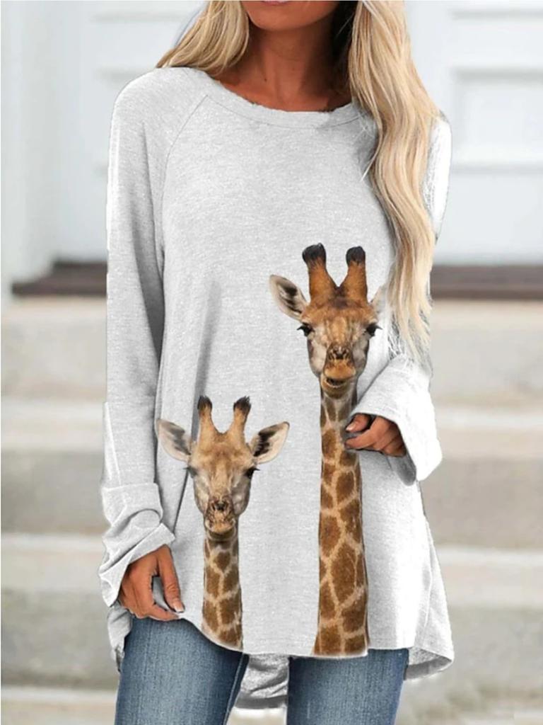 Plus Size Women Spring Giraffe Printed Comfy Long Sleeve Round Collar T-shirt Casual Baggy Mid Length Tee Tops