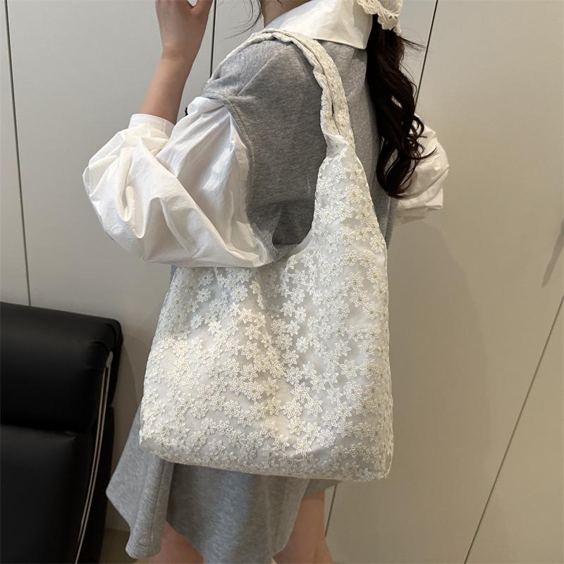 Canvas Bag Korean Ins Simple Mesh Small Daisy Lace Shoulder Bag High-end Handbag Versatile Underarm Bag