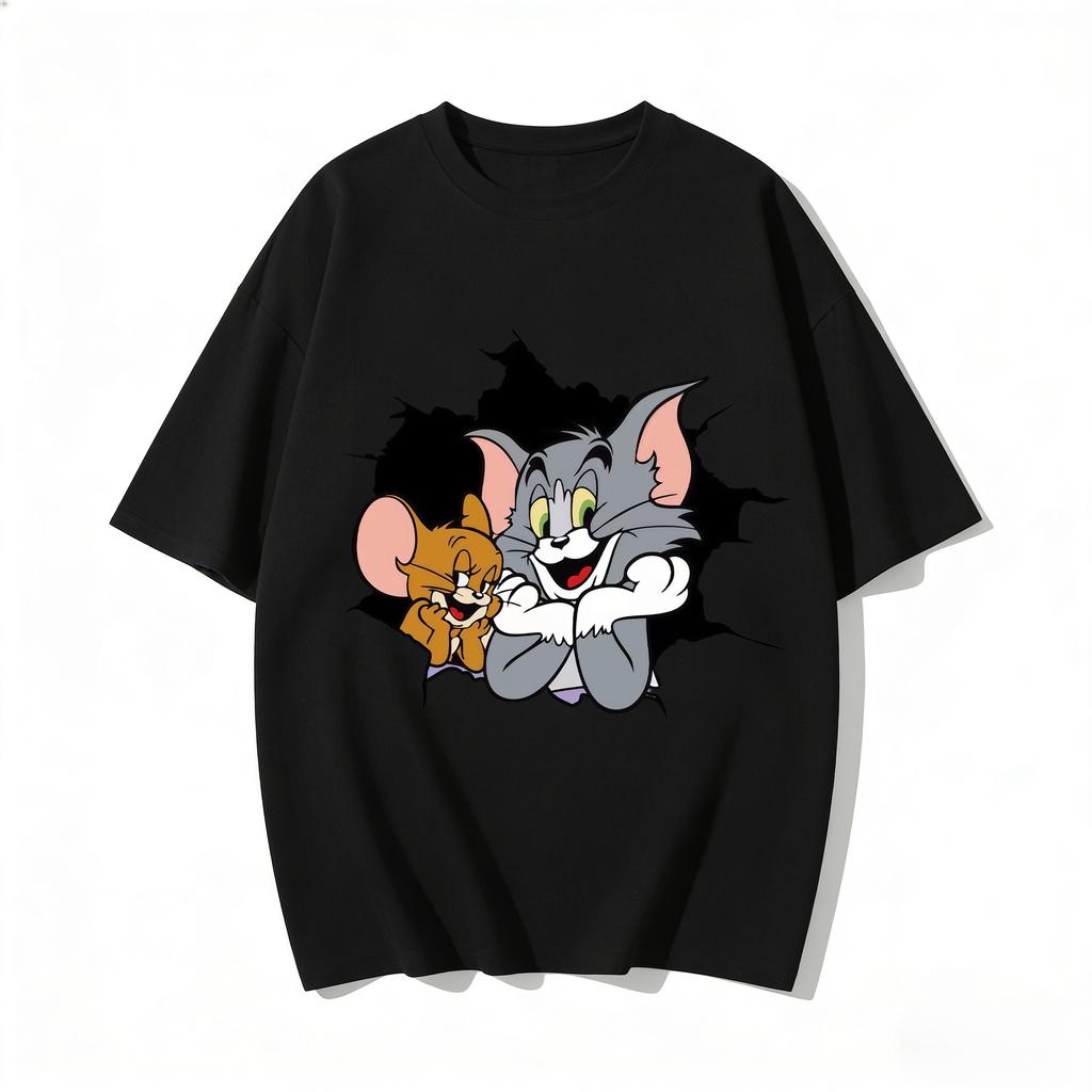 2026 New Tom Jerry Print Tshirt Casual Loose Couple Family Matching Outfits Short Sleeve Cotton Tee Summer Streetwear Tops Y2k