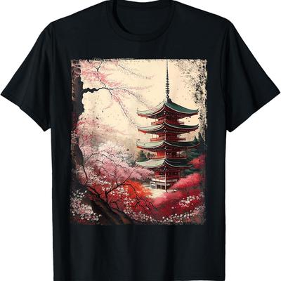 Ukiyo-e  Art - Omuro Pagoda and Cherry Blossoms T-Shirt