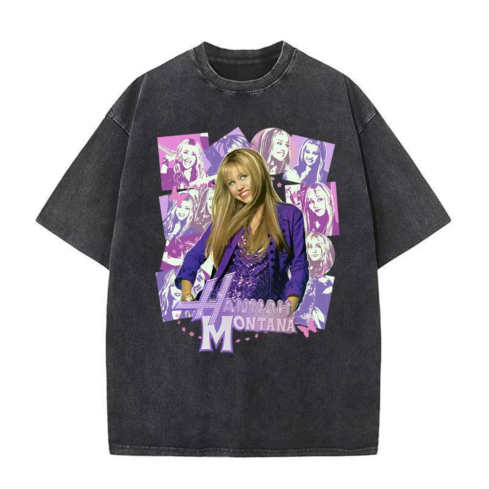 Vintage TV Character Pop Star Singer Hannah Montana T Shirts Unisex Women Fashion Aesthetic Washed Short Sleeve Tshirts Streetwear