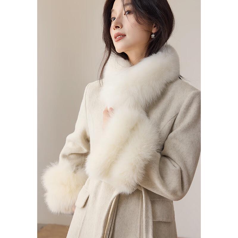VICTORIA&VERA Women's Fox Fur Collar Wool Long Coat
