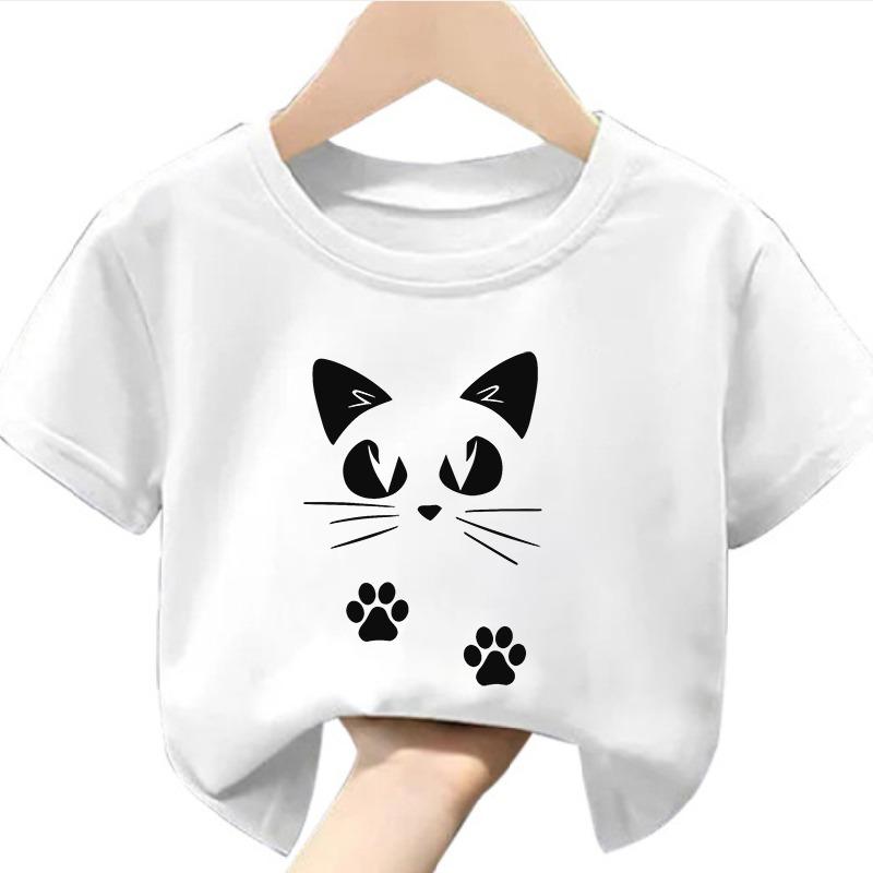 New Cartoon cat Print Black and White Summer Short-sleeved Children's T-shirt with Children's Clothing Boys Girl Clothes