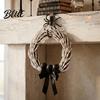 Halloween Skeleton Wreath Hand for Front Door, Gothic Spooky Hanging Garland Decoration with Black Bow And Skulls Door Wall Holiday Party Decor