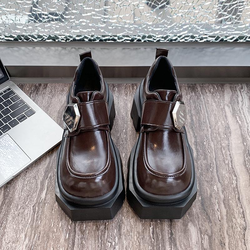 Fashion 2025 Women's High Platform Leather Shoes New Spring 9CM Heels Chunky Sneakers Female Lace-up Metal Loafers Walking Shoes Woman