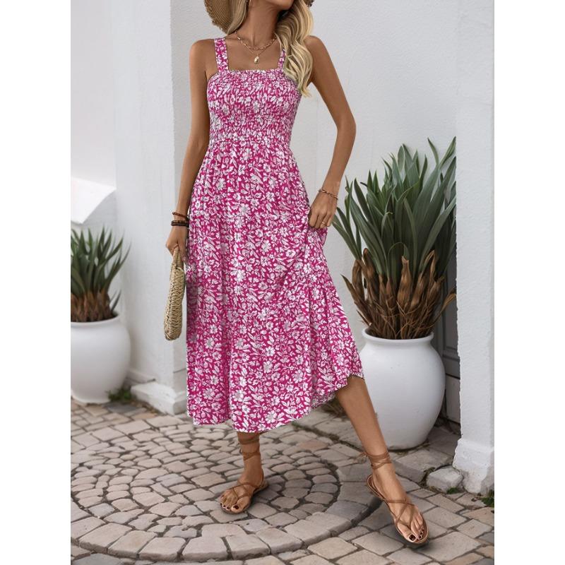 Summer Long Sleeveless Elastic Waisted Printed Camisole Dress