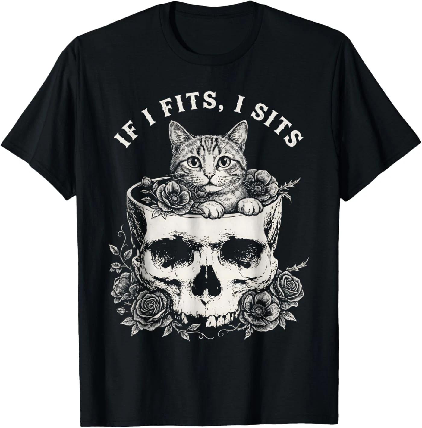 Funny If It Fits I Sits Black Cat with Skull Meme Humor T-Shirt M
