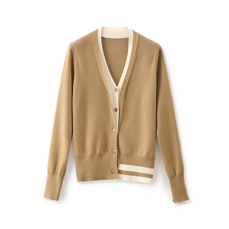Contrast Color V-Neck Two-Piece Look Cardigan - Fashionable, Simple, Versatile Knitted Top for Women