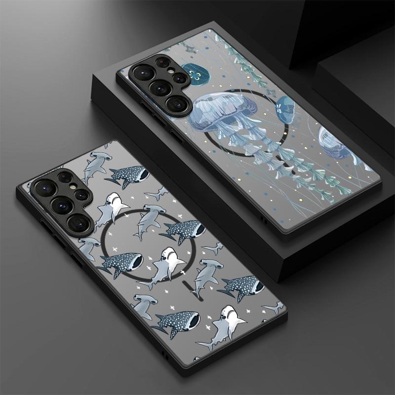 Magnetic For Magsafe Case For Samsung Galaxy S26 Ultra S25 Edge S24 S23 S22 Plus S21 FE Red Shark Jellyfish Pattern Hybrid Matte Cover