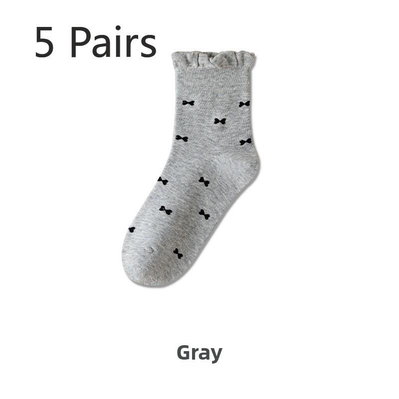5 Pairs Lace Stacked Socks Mid-calf Socks Spring and Summer Thin Cotton Socks Breathable Versatile Wooden Ear Edge Small Bow Socks Female