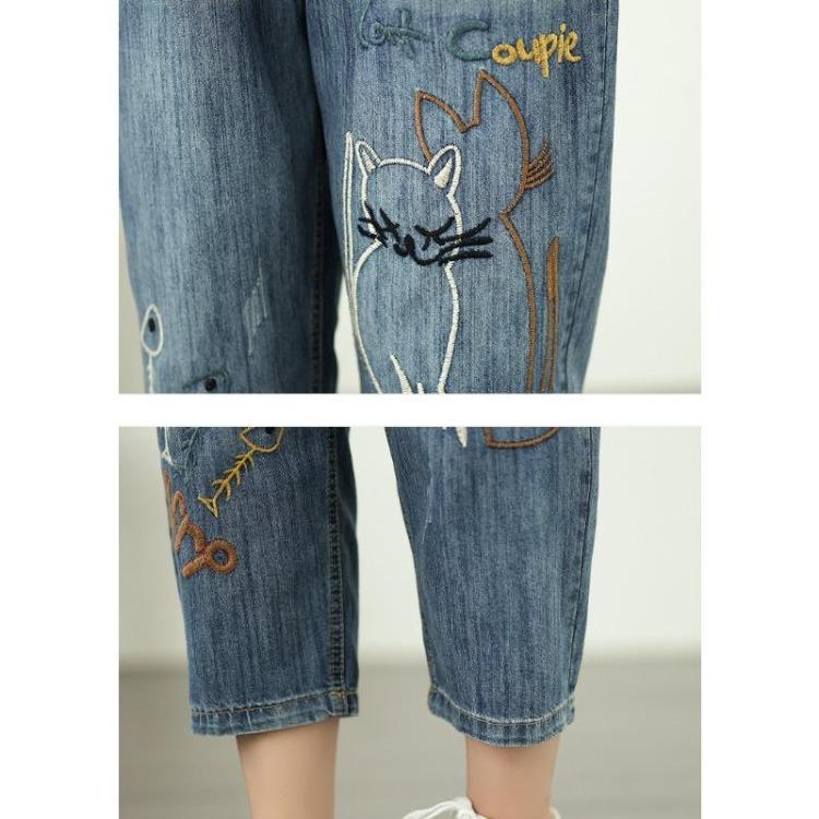 Sommer Damen Übergröße Hohe Taille Lockere Jeans Vintage Stickerei Haremshose Elastischer Bund
