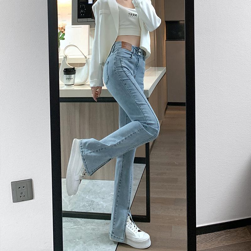 

Весенние и летние женские джинсы-стрейч. Прямые брюки с высокой талией. Узкие открытые брюки с микроклешом. 2XL светло-синий