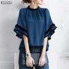 ZANZEA Kvinner Casual Rund Hals Løs Volanger Kort Erm Bluse