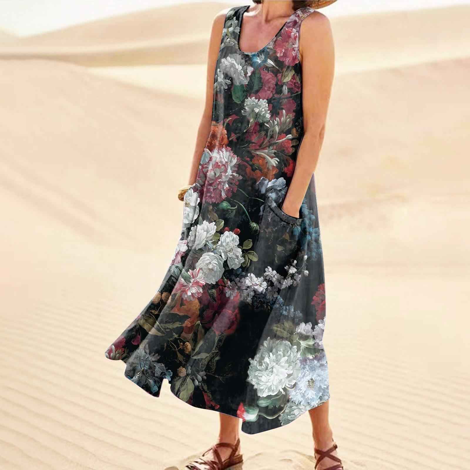 

Летнее платье для женщин, повседневное удобное хлопковое платье без рукавов с принтом и карманом XXL чёрный