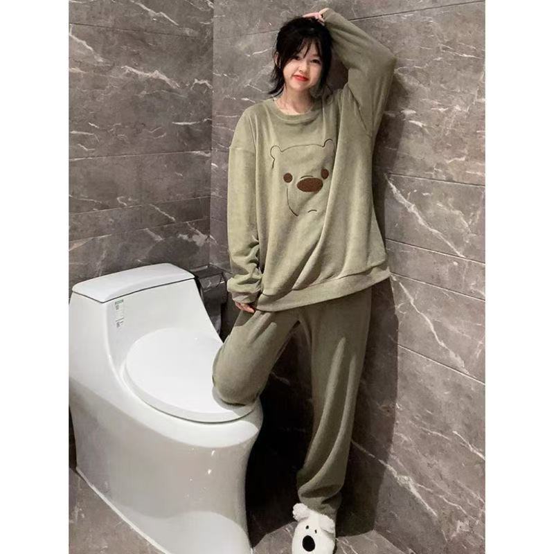 

Pajamas Women s German Velvet Bear Autumn and Winter Plus Size Plus Velvet Thickened Long-sleeved Outer Wear Suit Round Neck Home Service XXL