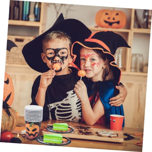 KOMBIUDA 50 Pieces Halloween Party Plates, Halloween Cups and Dishes, Halloween Paper Plates, Cake Plates, Paper Dessert Table Settings