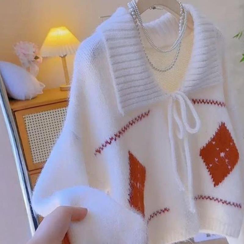 

Женские свитера на шнуровке с бантом, корейский стиль, модный женский свитер с лацканами, вязаный свитер, осенний, свободный, универсальный, женский кардиган, топы One Size бежевый