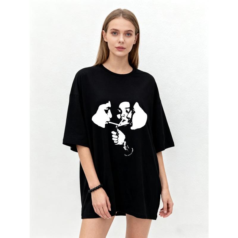 

Oversized T Shirt Black Two Faces Smoking Graphic Print Casual Streetwear Unisex Top For Women And Men XXXXL чёрный