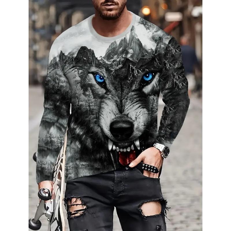 Vintage T-Shirt Animal Print Long Sleeve Tee Hunting Round Neck Shirt Fashion Spring Autumn Pullover Top Casual T Shirts for Man