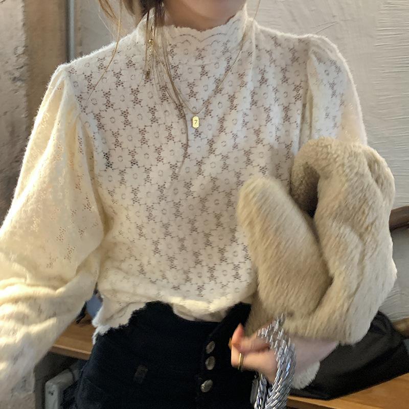 Hollow Out Frosted Lace Blouse Spring Autumn Top Women Korean Slim Fit Zippered Half High Collar Base Shirt