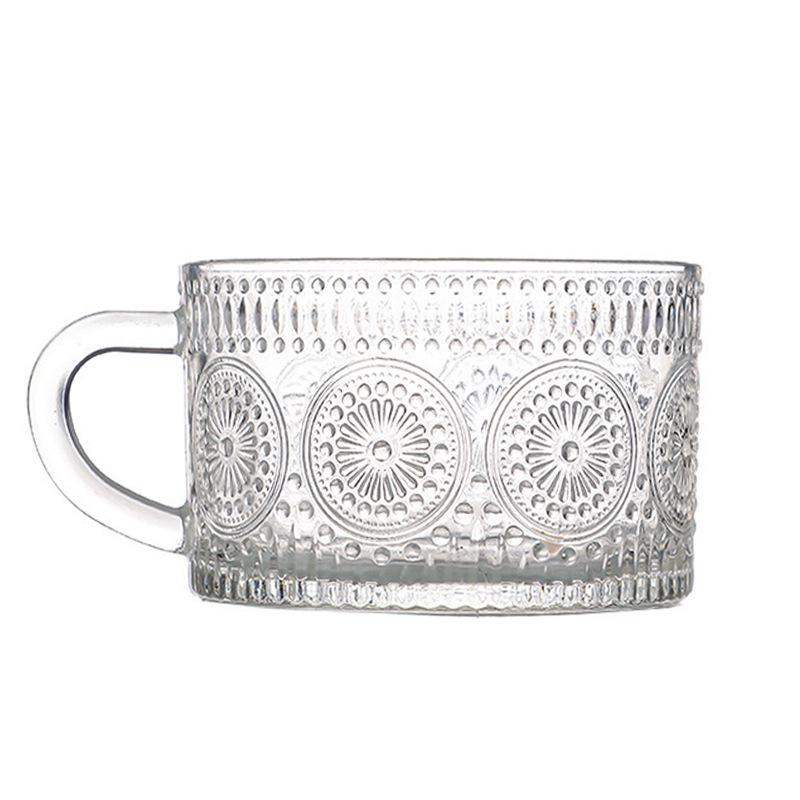 Glass Embossed Household Water Cup, Retro Sunflower Large-capacity Breakfast Milk Cup, Gold-painted Cup with Spoon, High-value Cup