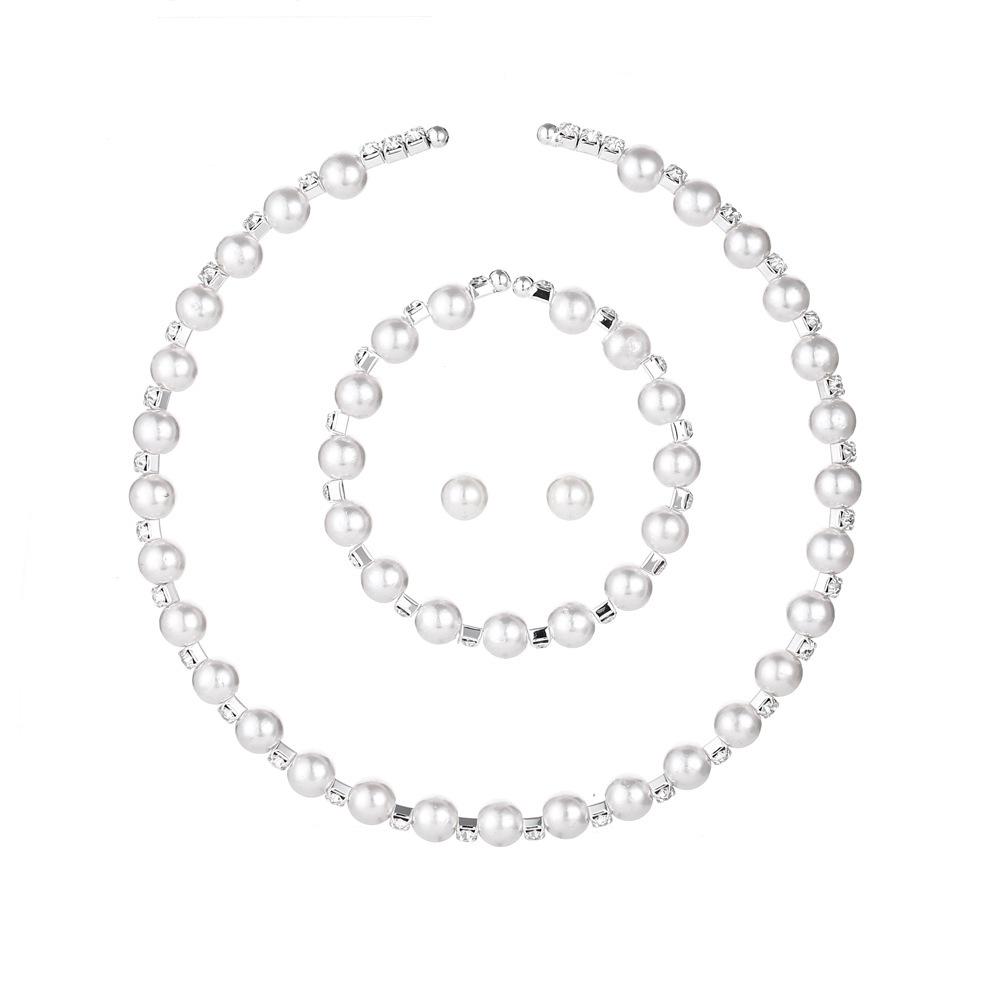 Pearl Steel Wire Rhinestone Necklace Earrings, Bracelet Jewelry Set, Wedding Jewelry Three-piece Set