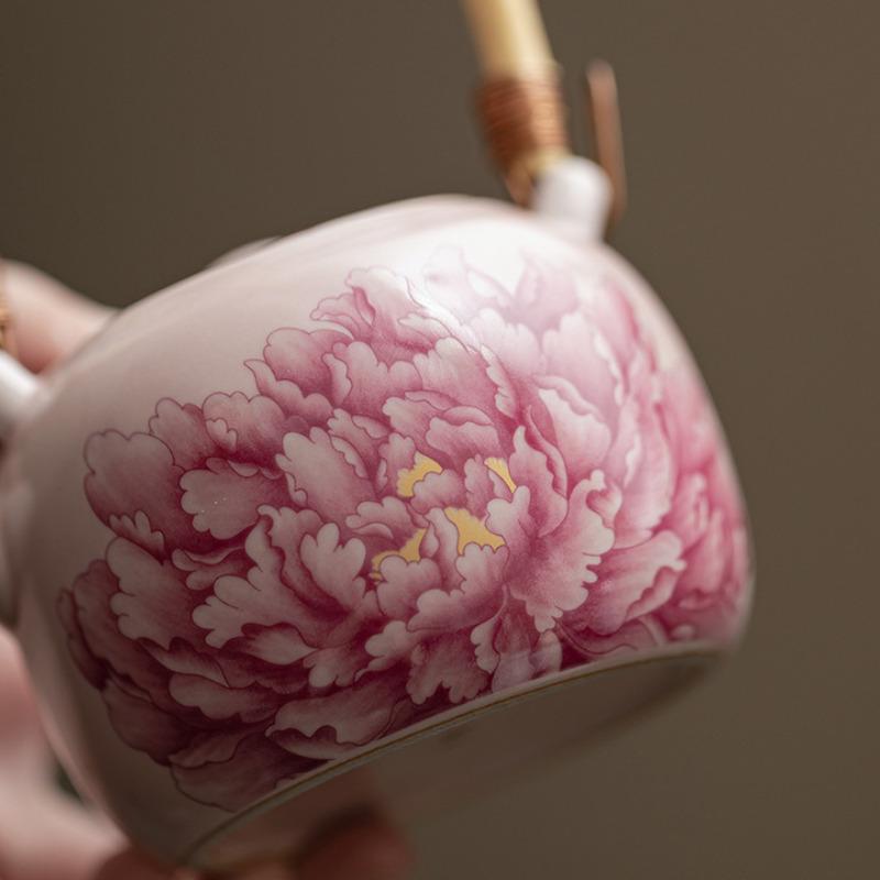 230ML Antique Pink Peony Flower Ru Kiln Lifting Handle Teapot Tea Infuser Pot Tea Brewing Kettle With Filter Chinese Tea Set