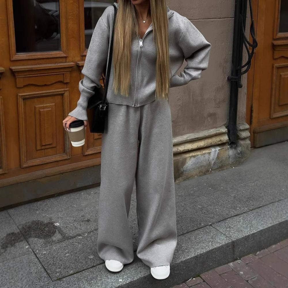 

Женский модный кардиган-свитер на молнии с длинными рукавами, брюки, спортивный костюм-двойка в стиле кэжуал для женщин XS серый