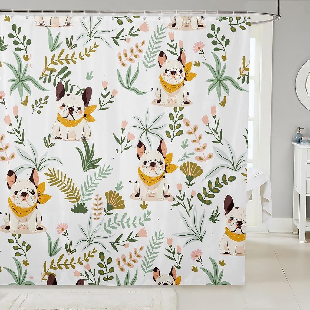 Cartoon Husky Shower Curtains,Cute Dog Animal Kawaii Family Puppy Pet Bath Curtain,Boho Floral Leaves White Waterproof Fabric