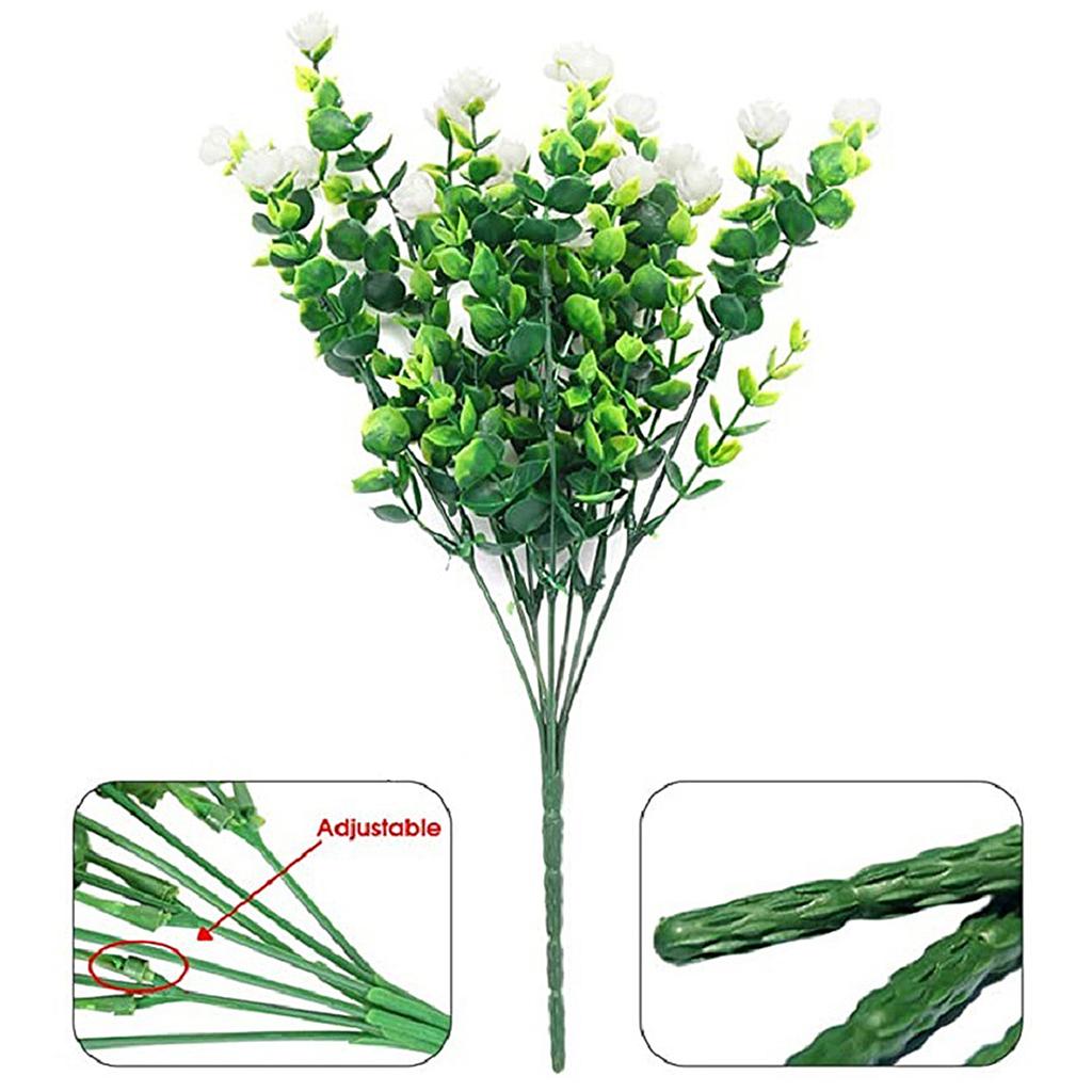 7 Fork Artificial Eucalyptus & Small Rose White Plastic Faux Plant Stem for Home Decor